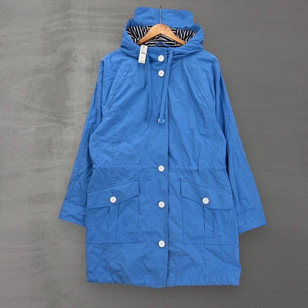 NEW Talbots Anorak Raincoat Jacket Blue Hooded Striped Lining Utility Pockets XL